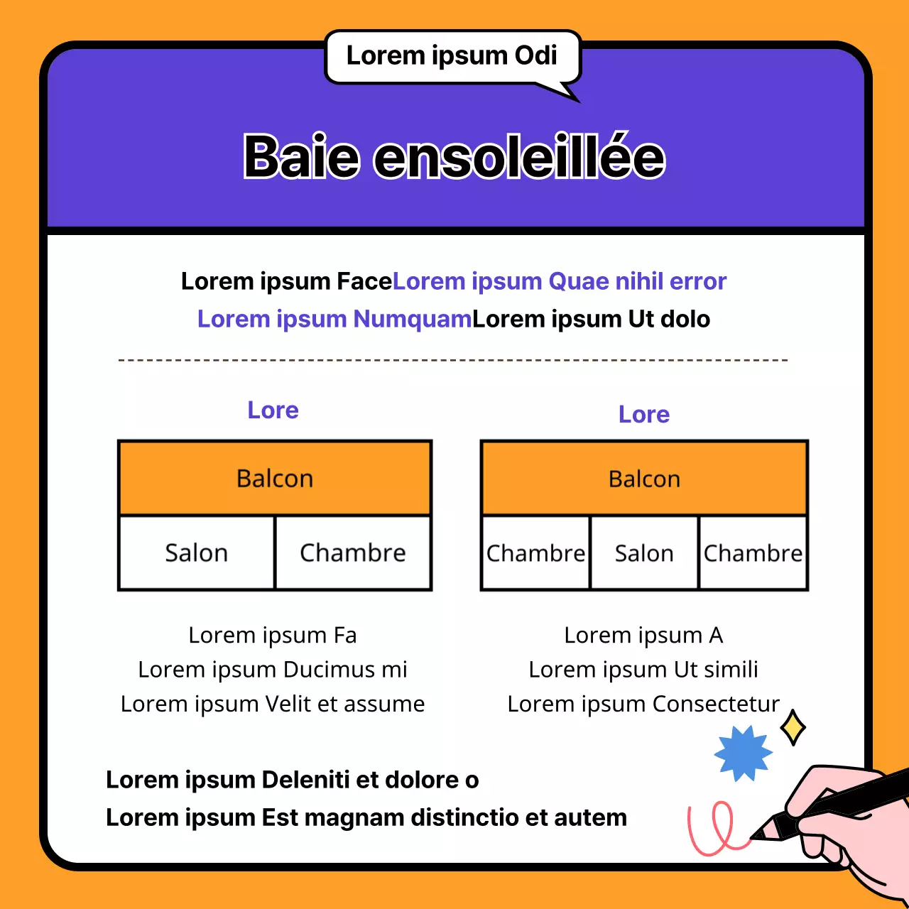 Guide d'information illustré en violet et orange sur les mots-clés des listes d'appartements