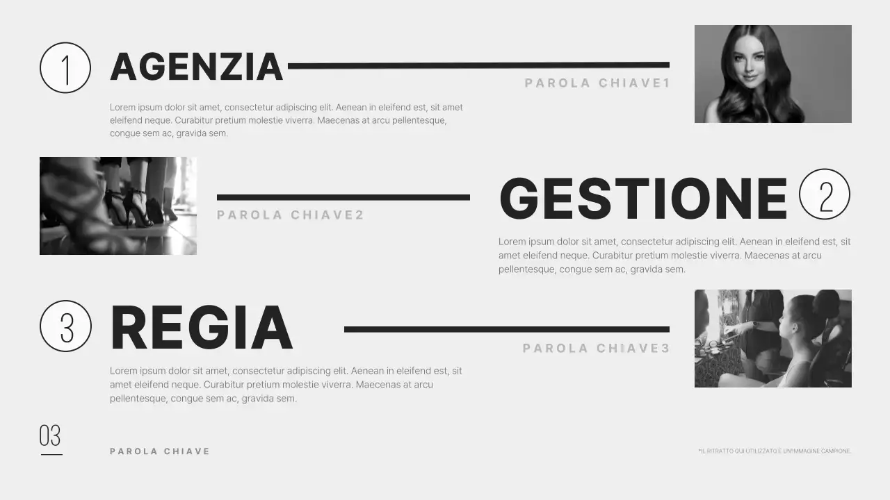 Profilo aziendale di un'agenzia di modelle pulito e moderno, in nero.