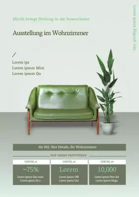 Werbeplakat für eine Veranstaltung mit grünem Möbelinterieur