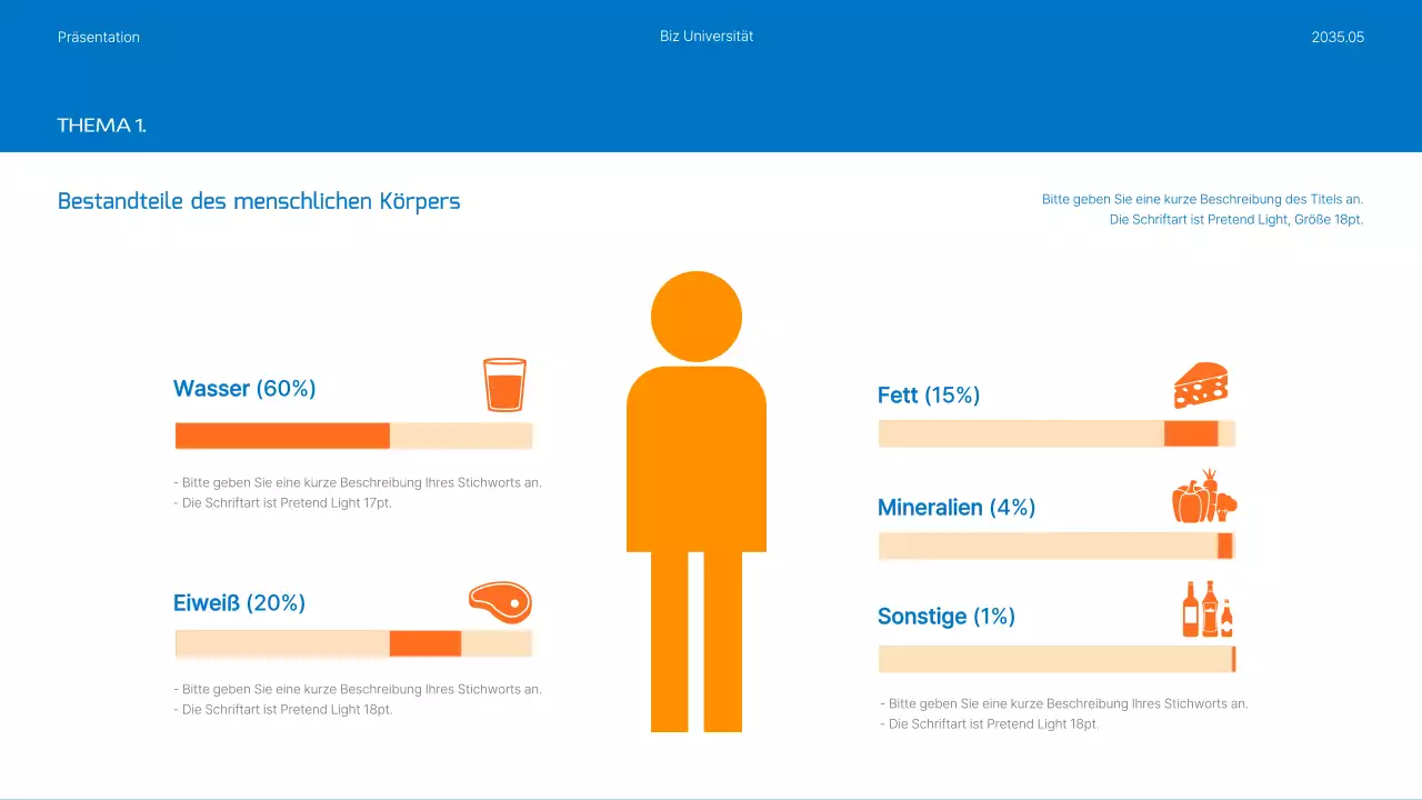 Ernährung und Mahlzeitenpläne in blauen und orangefarbenen Fotos hervorgehoben