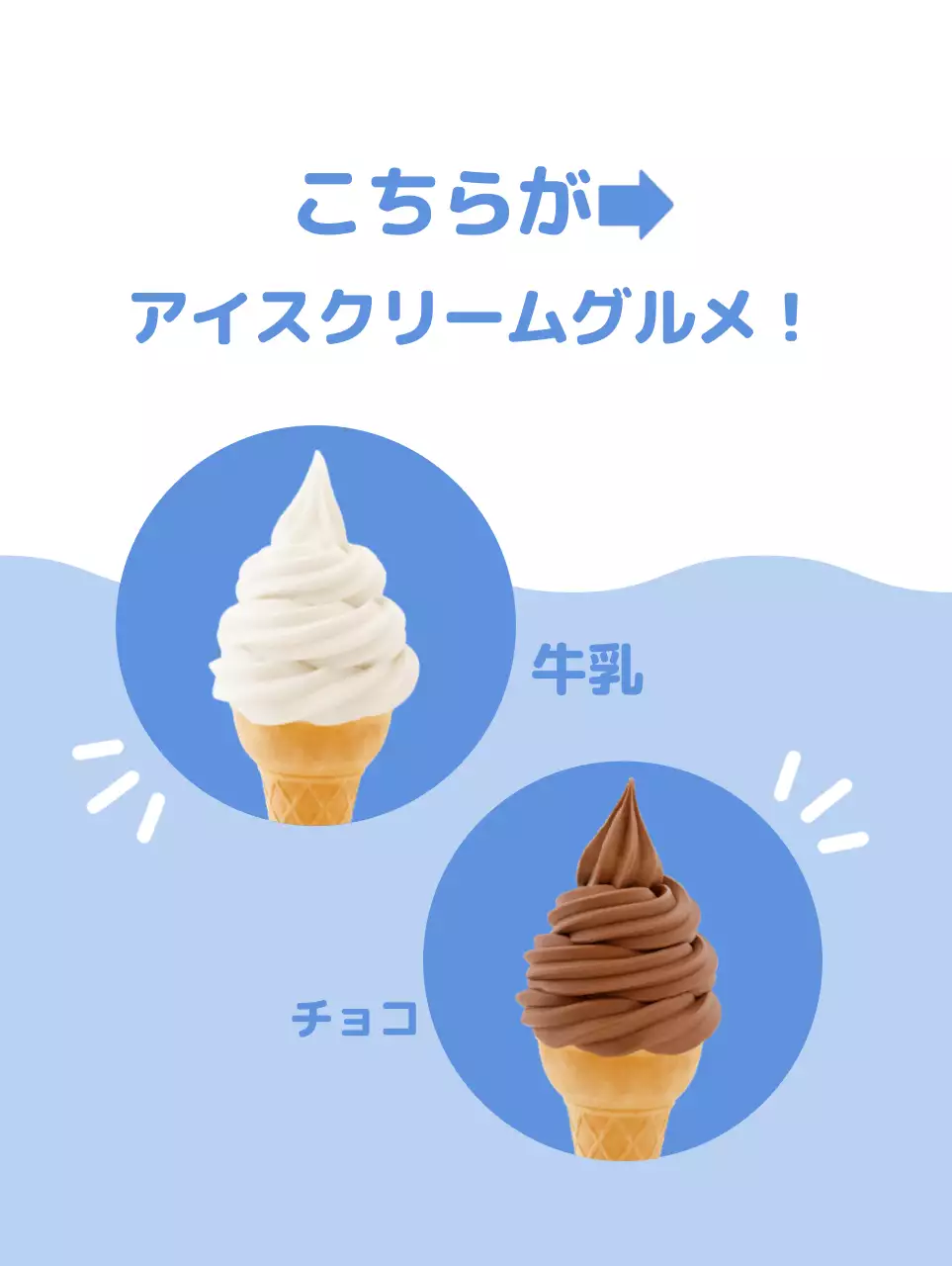 水色の背景に白いアイスクリームがある、すっきりとしたかわいい印象のメニューPR。