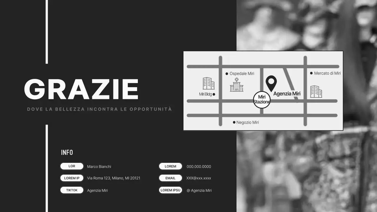 Profilo aziendale di un'agenzia di modelle pulito e moderno, in nero.