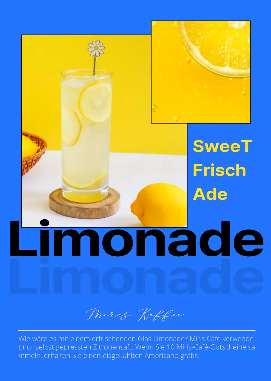 Hervorgehobener Text in Blau und Schwarz, um für ein angesagtes Konzept-Café-Getränk zu werben