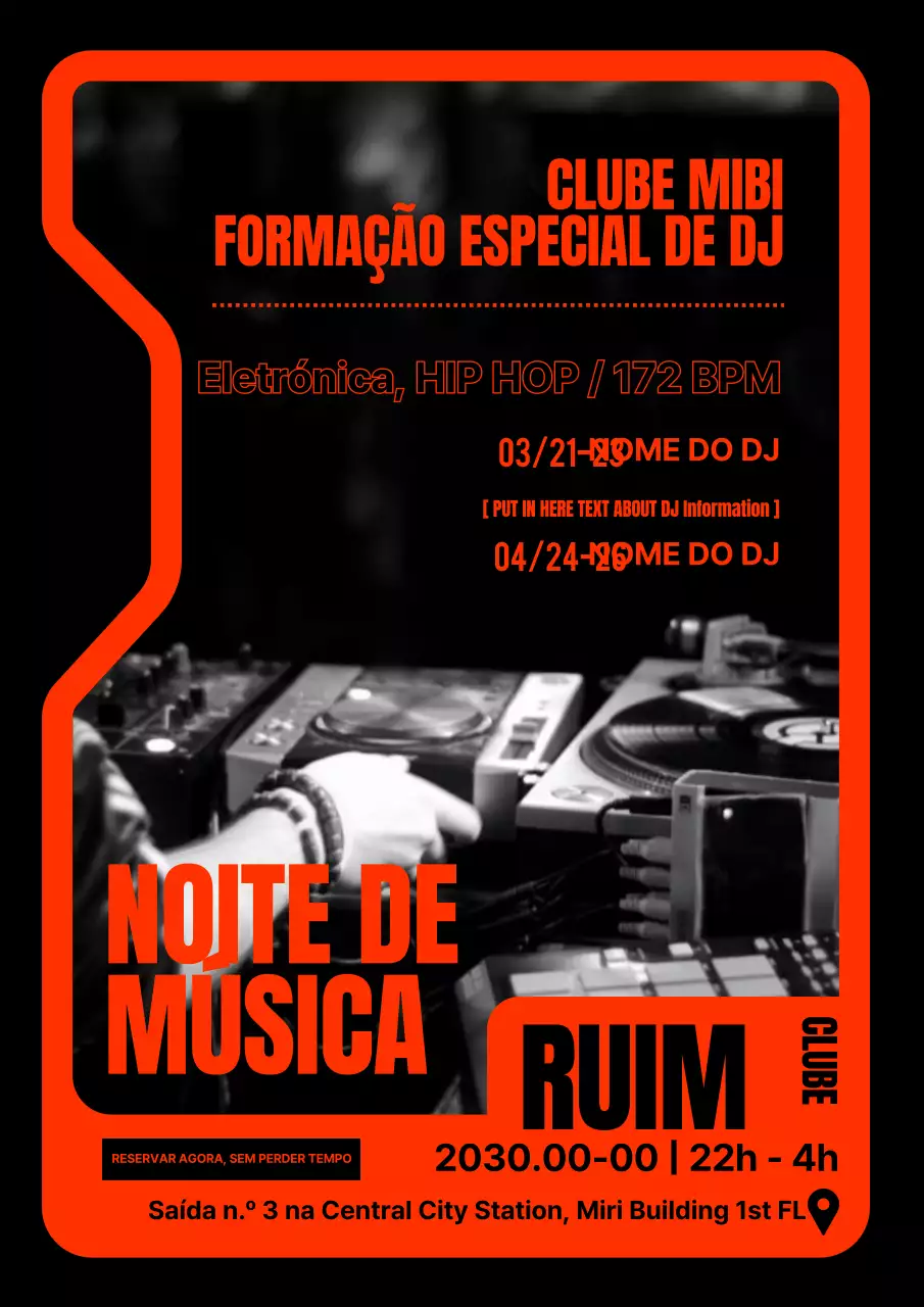 Cartaz de clube de DJ da moda em laranja e preto