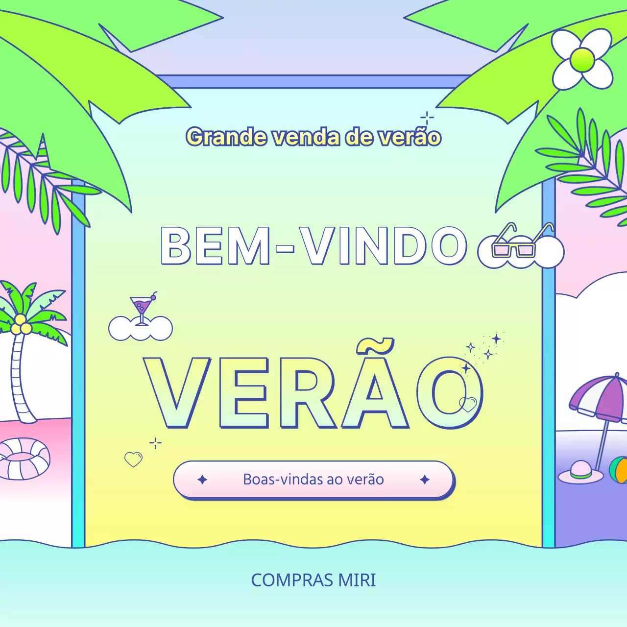 Anúncio da promoção de verão do centro comercial amarelo tropical e azul claro