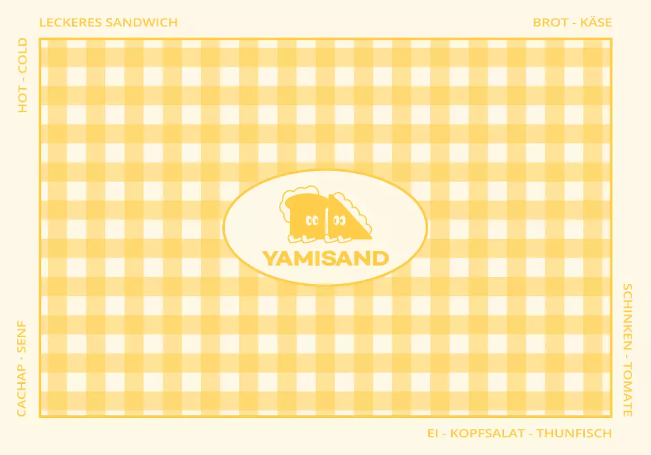 Sandwich-Shop-Ware mit einem rot-gelben Karomuster und einer aufklappbaren Tasche mit einer niedlichen Figur.