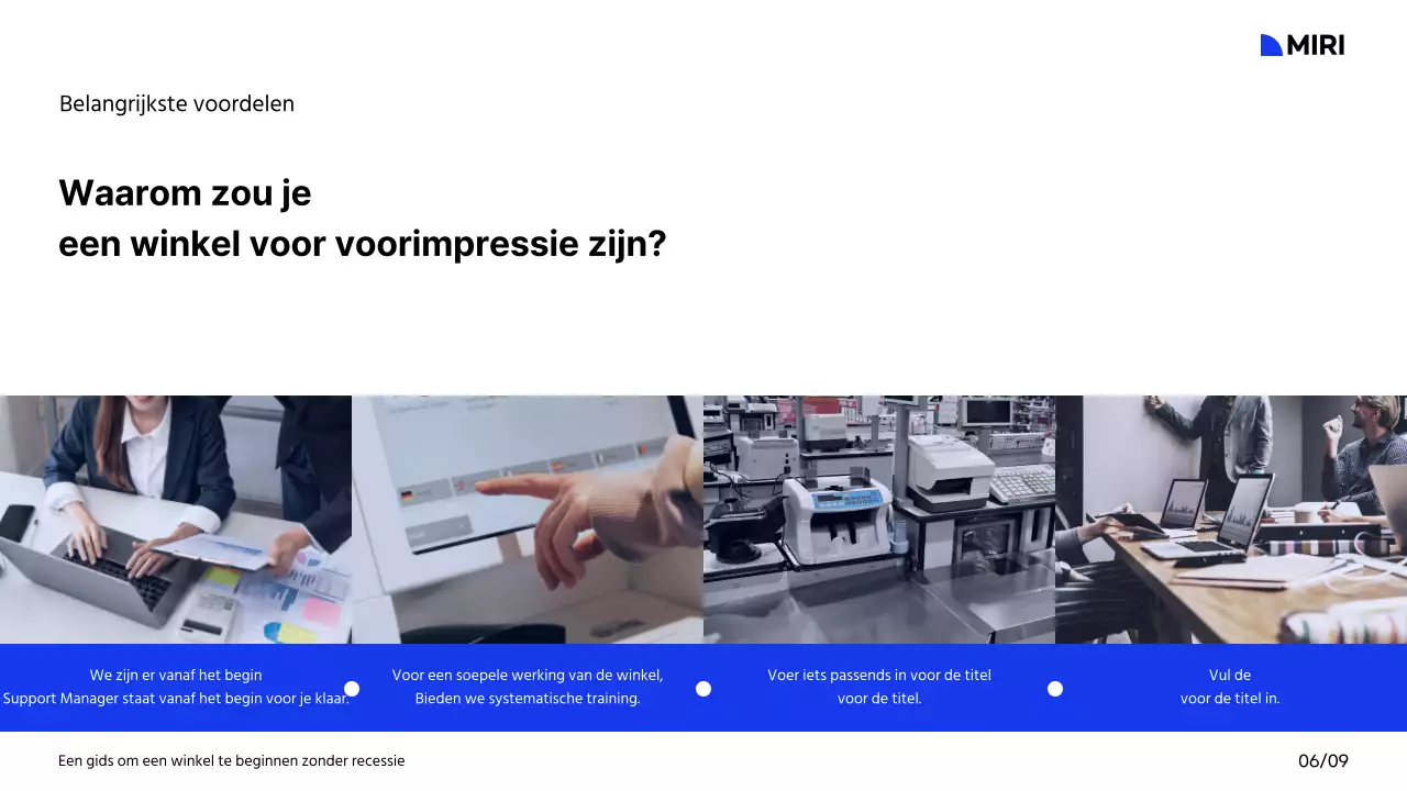 Een handleiding voor het starten van een winkelcentrum met een wit, blauw en zwart kleurenschema en rasterindeling