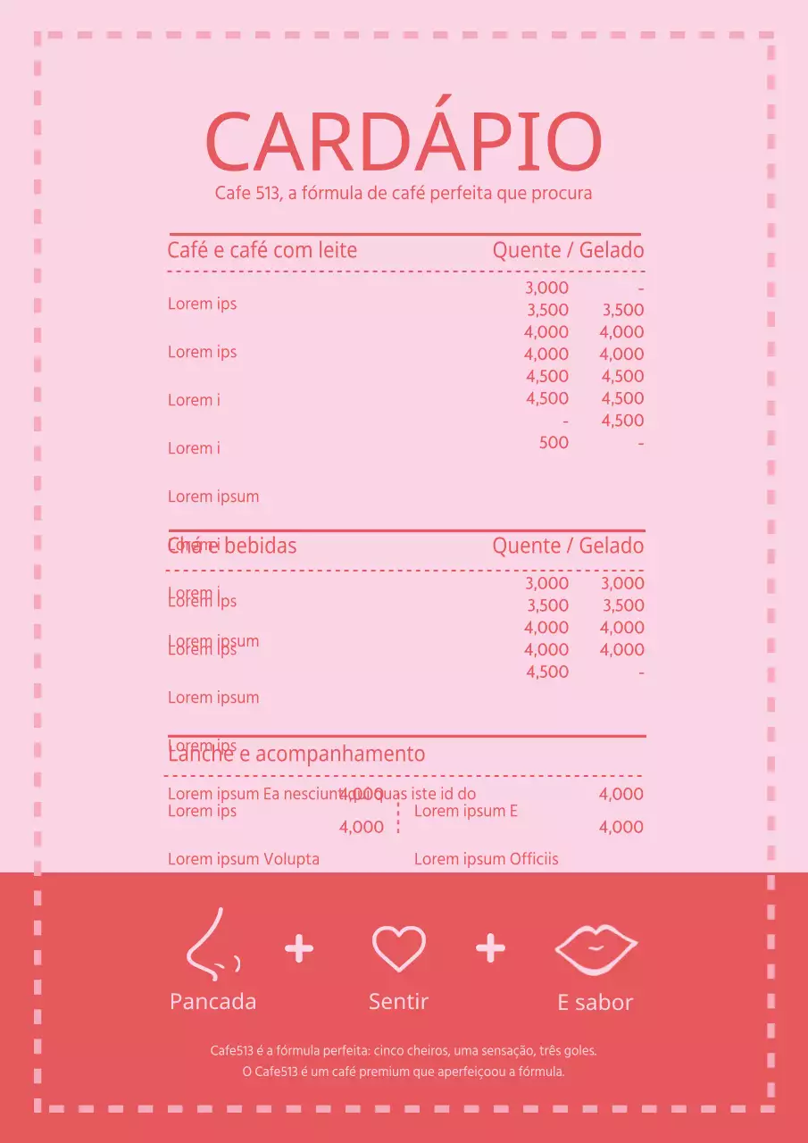 Menu simples de café em cor-de-rosa e vermelho