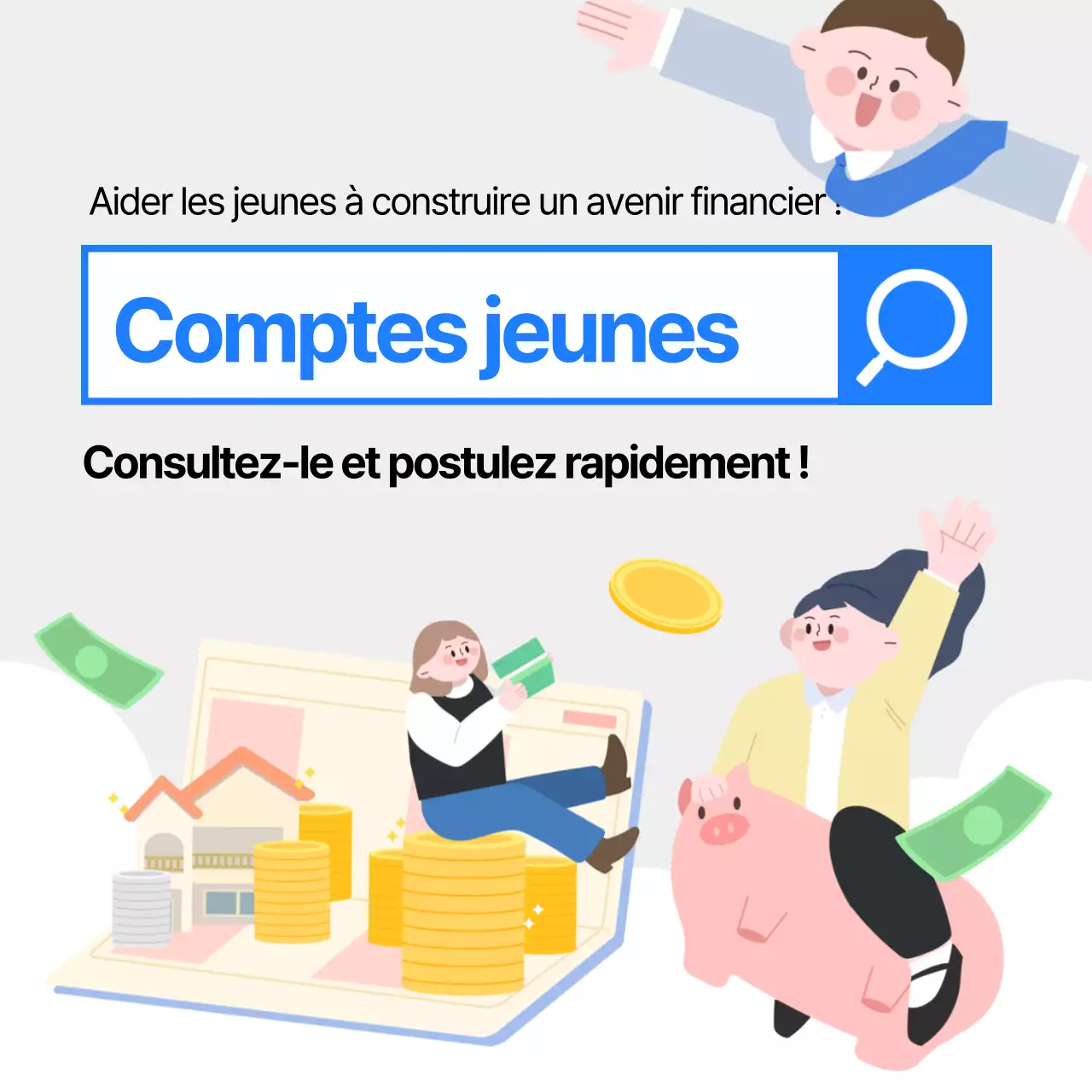 Matériel promotionnel illustré en bleu et blanc pour les comptes jeunes adultes