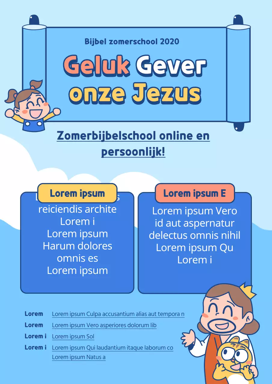 Promoot een online vakantiebijbelschool met illustraties van personages op een blauwe oceaanachtergrond
