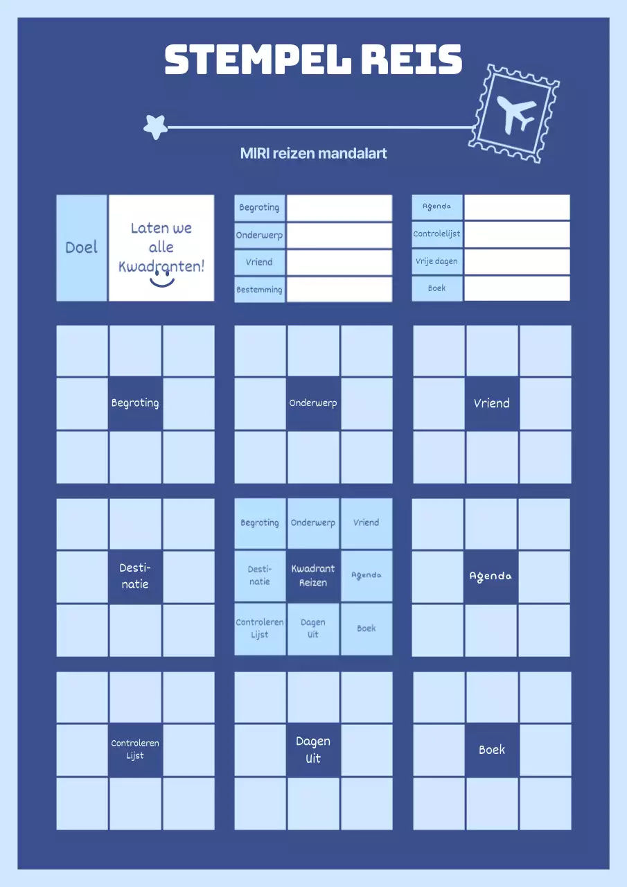 Vliegtuigillustratie in blauwe tinten Reisstempel brekende mandala's