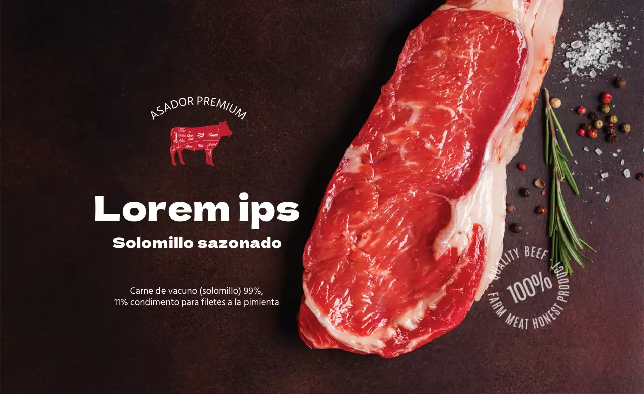 Etiqueta alimentaria de filete con foto marrón