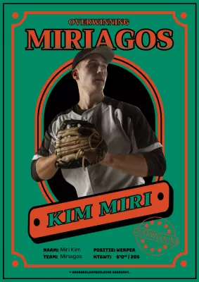 Promoot een honkbalspeler met een retro frame in oranje en groen.