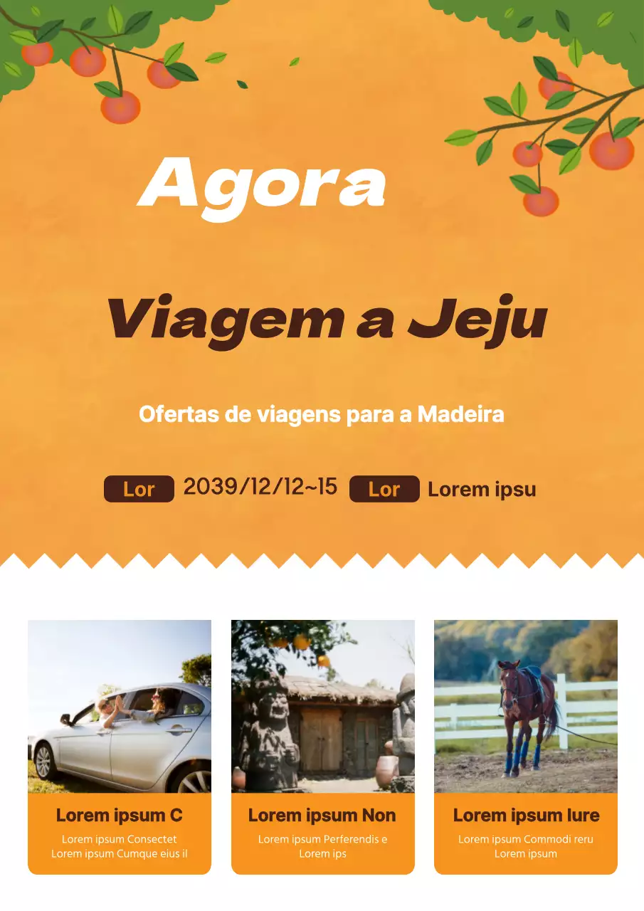 Folheto cor de laranja e branco que promove uma oferta com desconto de uma agência de viagens