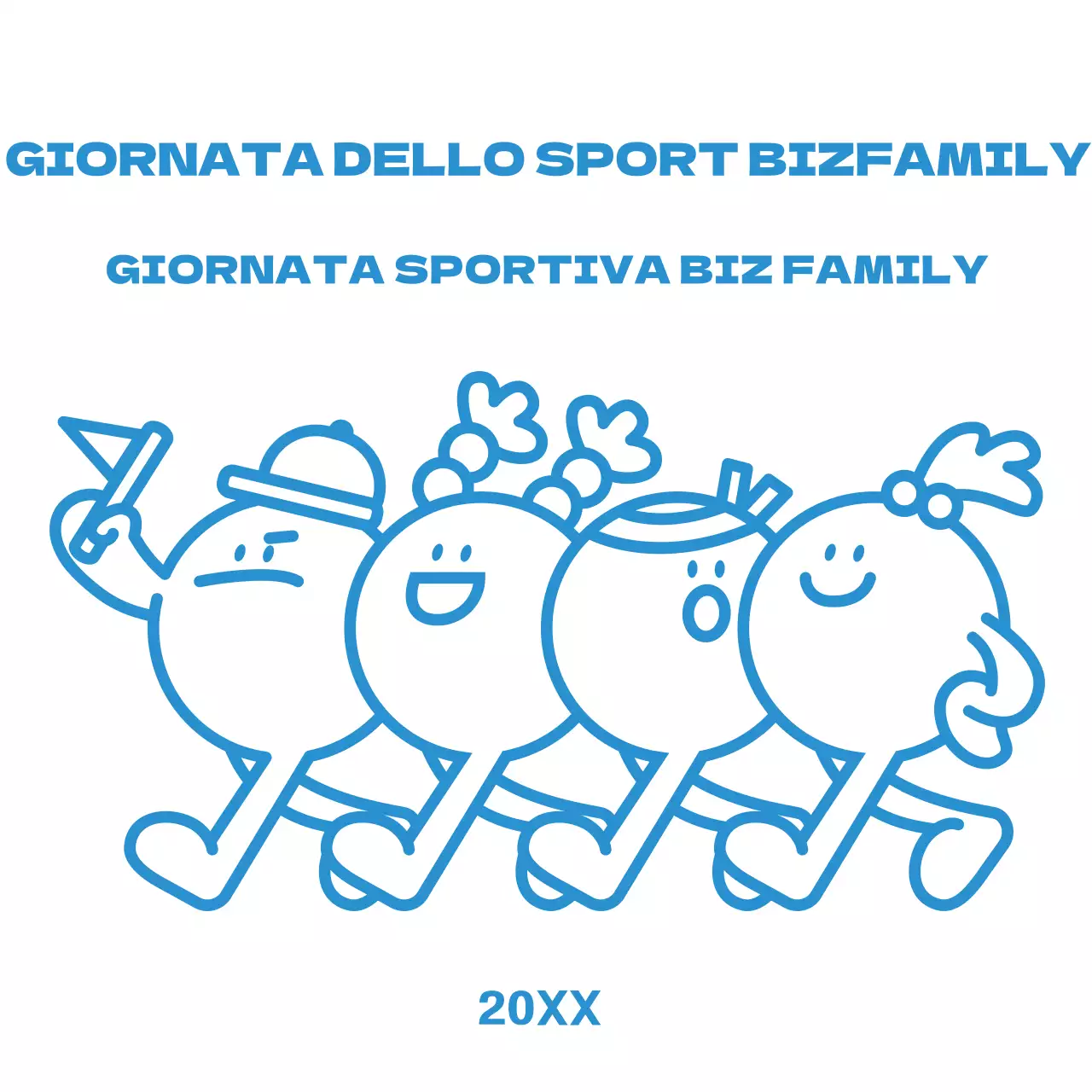 Pantaloncini per la giornata sportiva della famiglia con illustrazioni semplici e simpatiche in blu