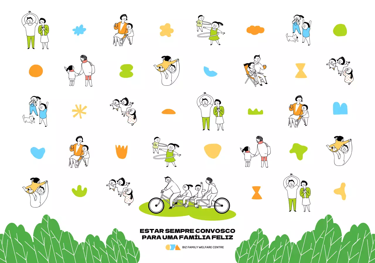 Para partilhar em centros de bem-estar com um desenho simples de uma família harmoniosa em cores coloridas.