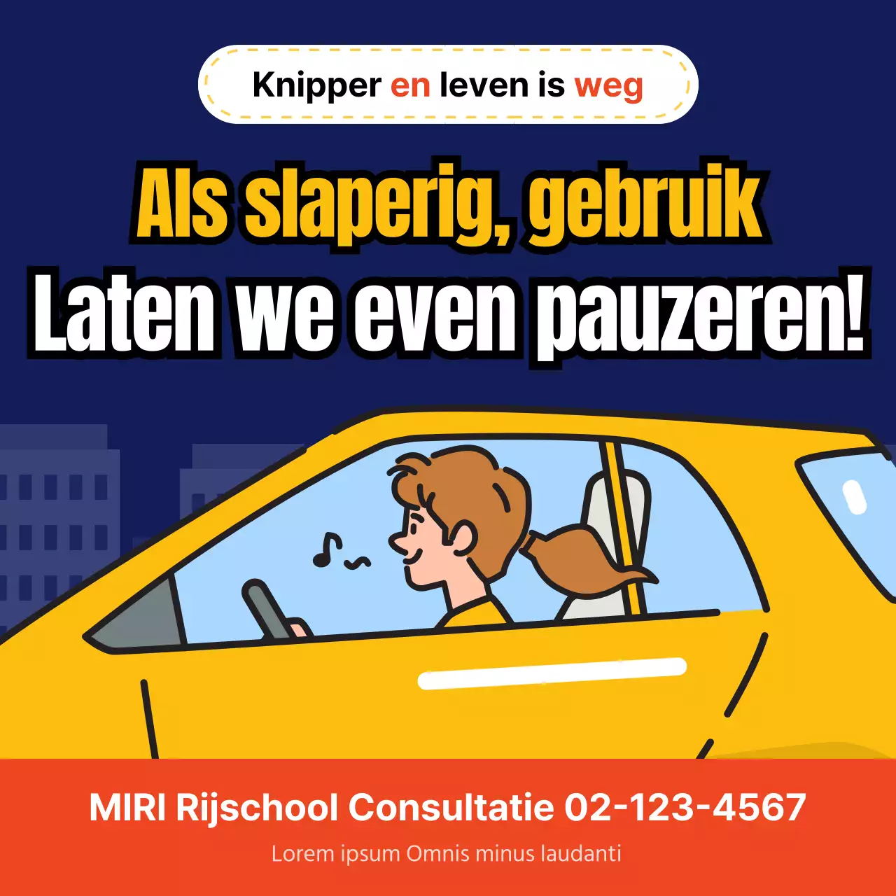 Waarschuwing voor slaperig rijden met blauw en geel thema