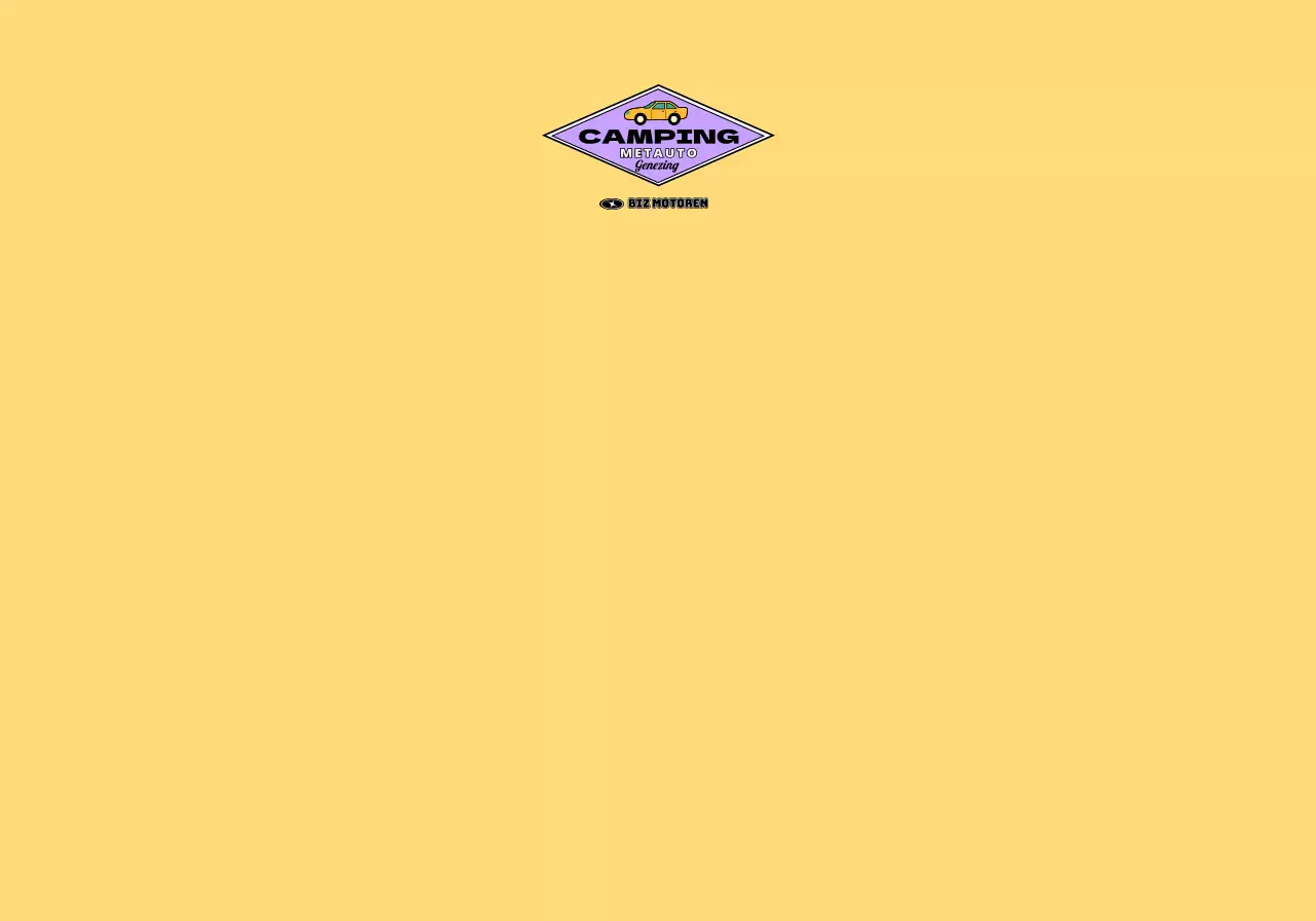 Autodealer met opvouwbare zakken in een auto camping concept versierd met gele en blauwe tiener concept stickers