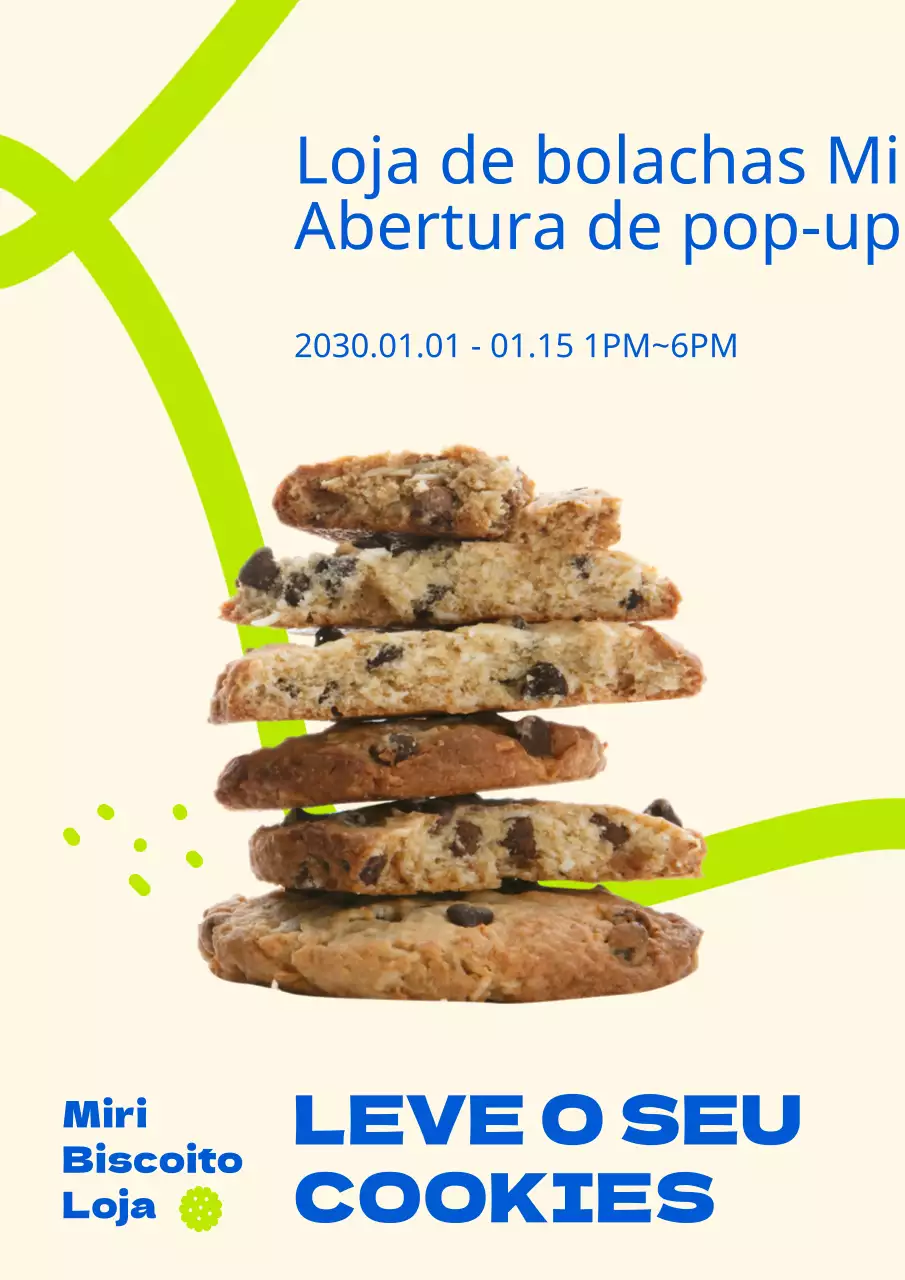 Cookie Shop pop-up com um conceito de desenho de linhas em cores contrastantes de azul e chartreuse