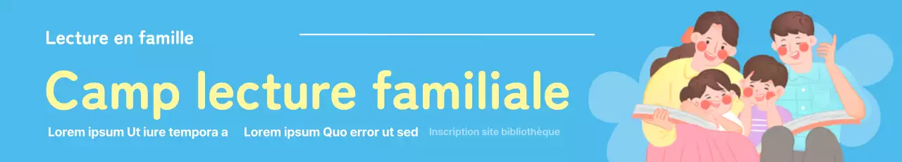 Illustration d'un camp de lecture avec une famille sur un fond bleu clair