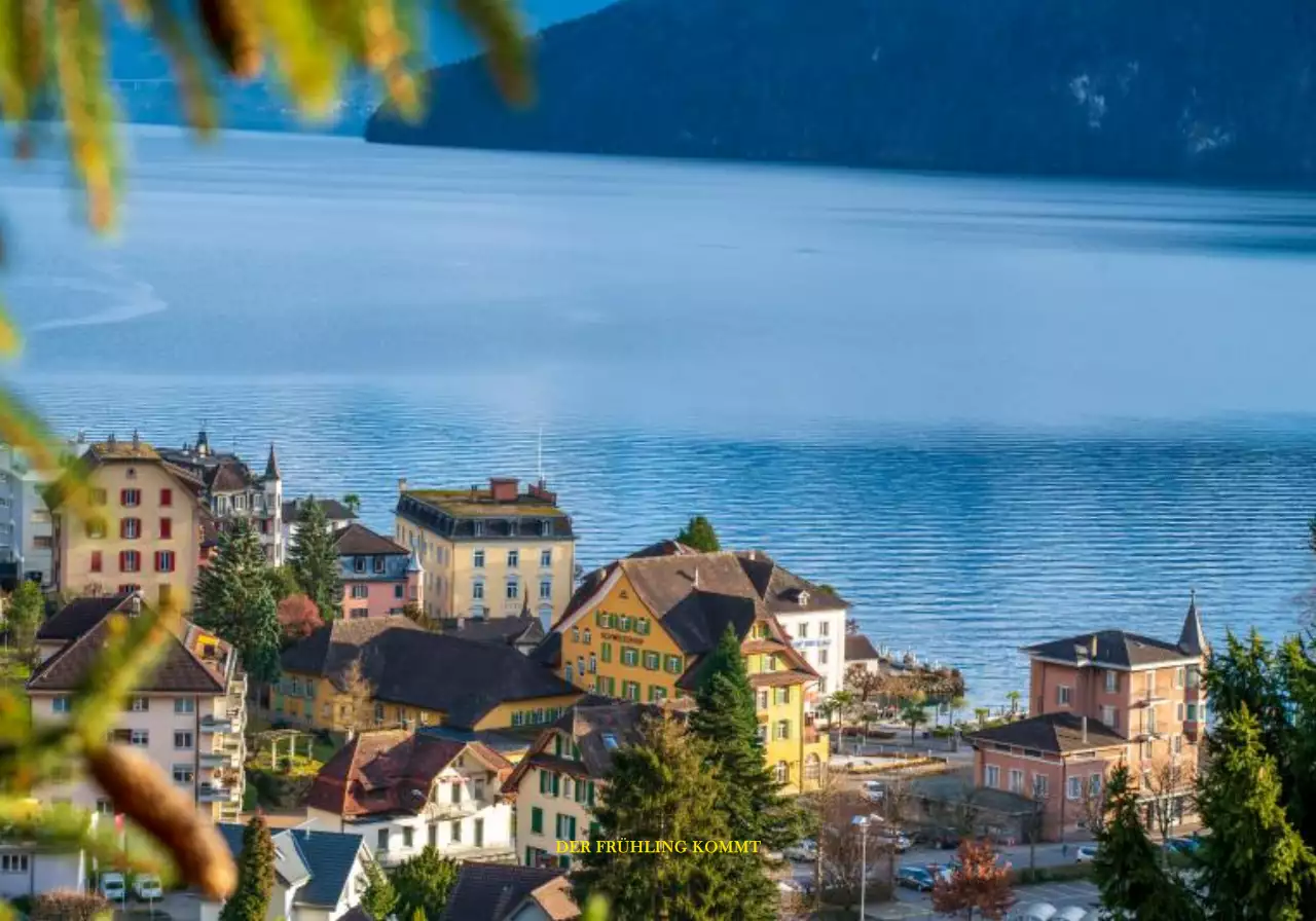 Emotionale und frische See und Dorf Porträt in grün und gelb Fotografie Stil personalisierte Merchandise