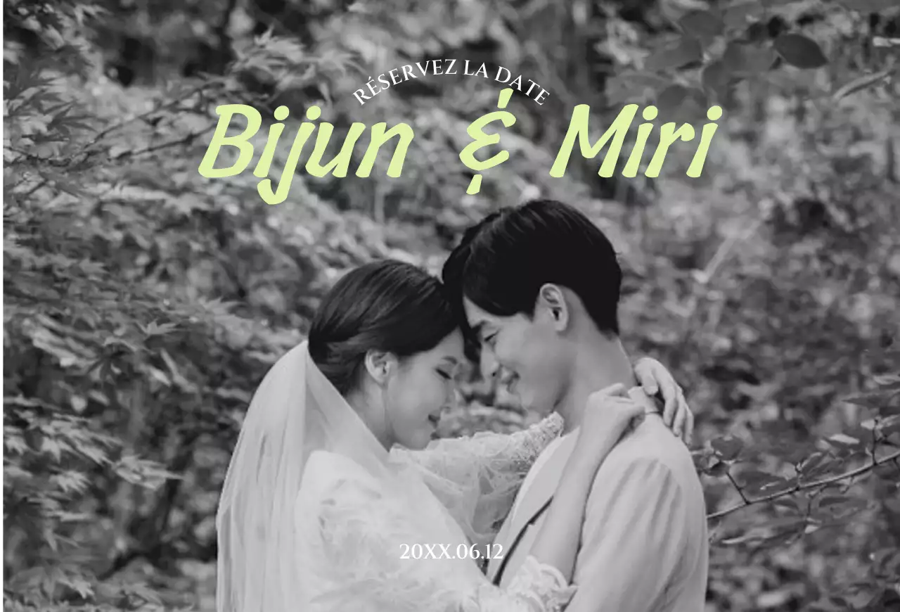 Invitation de mariage en noir et blanc avec des accents verts