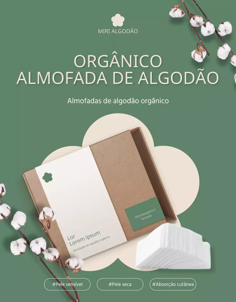 Bonitos discos de algodão orgânico em tons de verde e bege