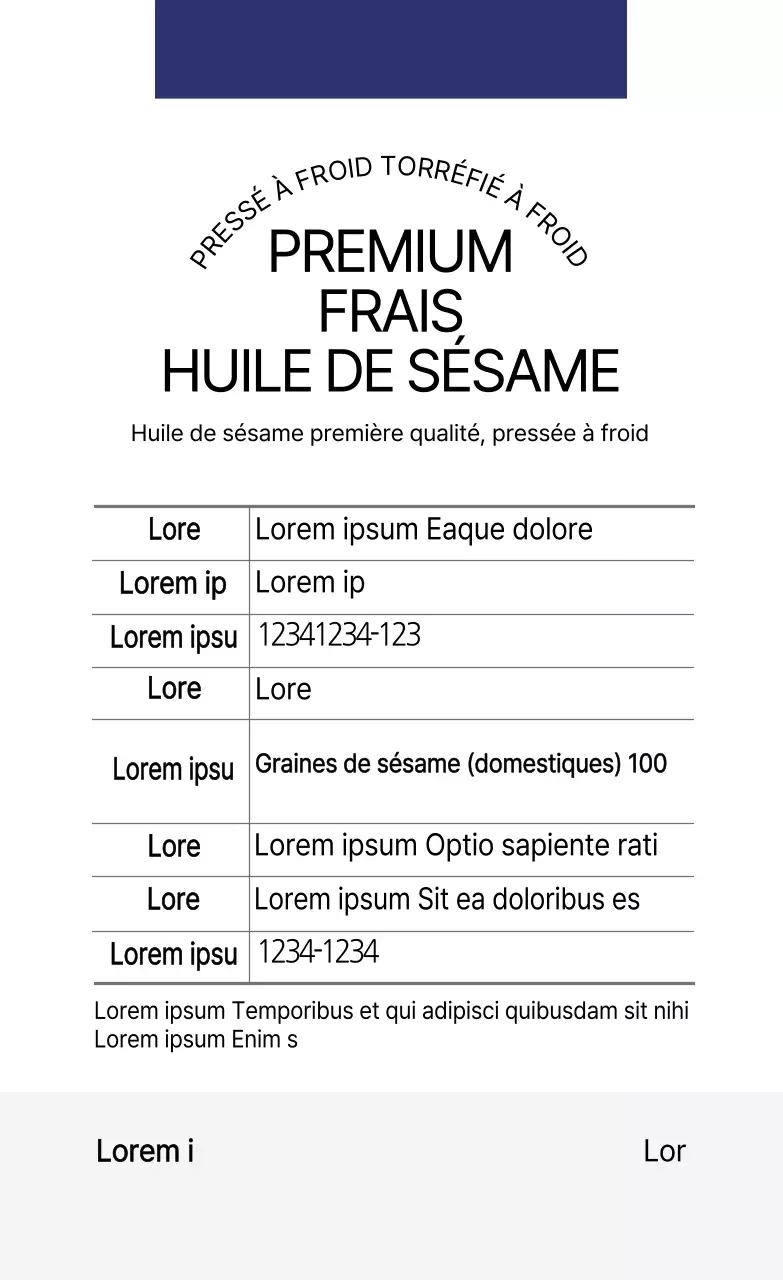 Étiquette d'information alimentaire sur l'huile de sésame simple blanc bleu marine