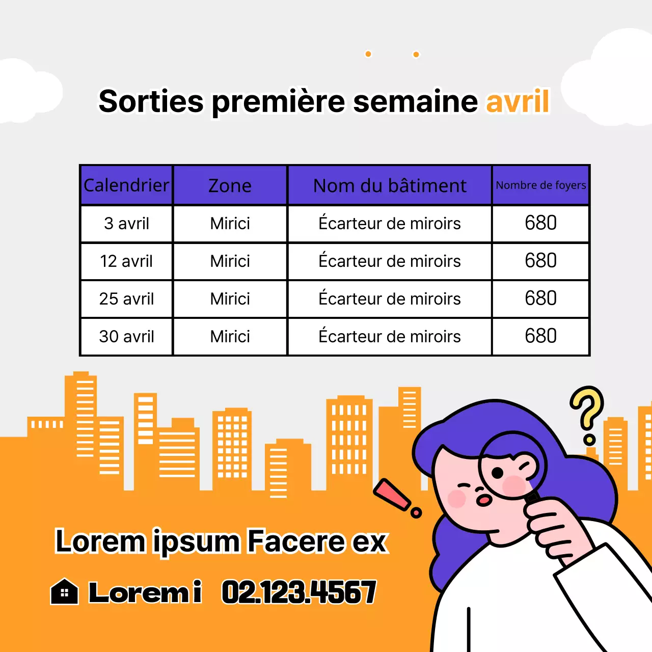 Guide d'information illustré en violet et orange sur les mots-clés des listes d'appartements