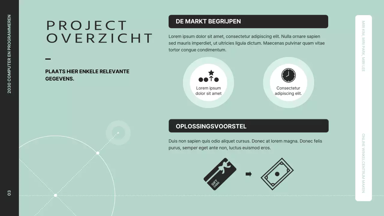 Een duidelijk projectoverzicht presenteren met zwarte en mintkleurige afbeeldingen