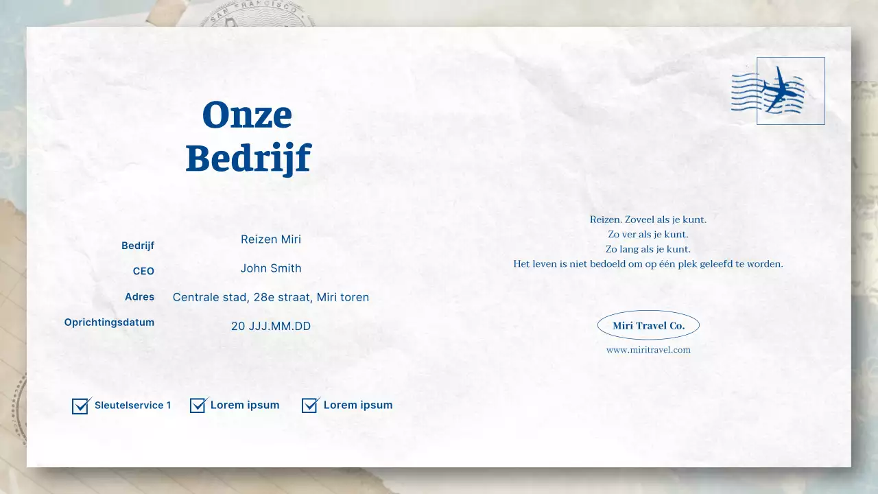 Een ansichtkaartachtig reisbureau in blauw en pastel