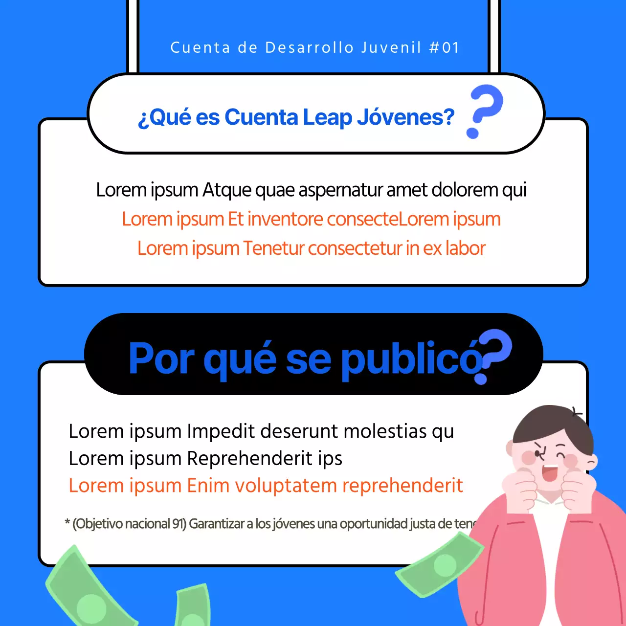 Material promocional ilustrado en azul y blanco para las Cuentas de Jóvenes Adultos