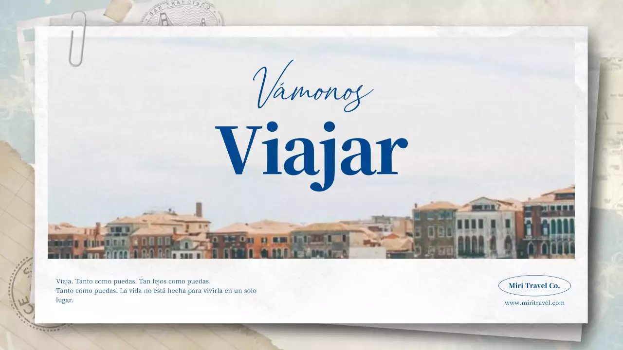 Una agencia de viajes de postal en tonos azules y pastel