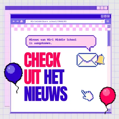 Een paarse en roze webbrowser met kitscherige aankondigingen van schoolnieuws