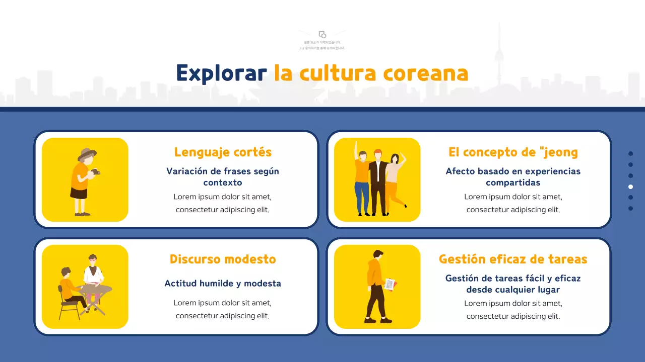 Guía de viaje ilustrada en amarillo y azul de Corea del Sur