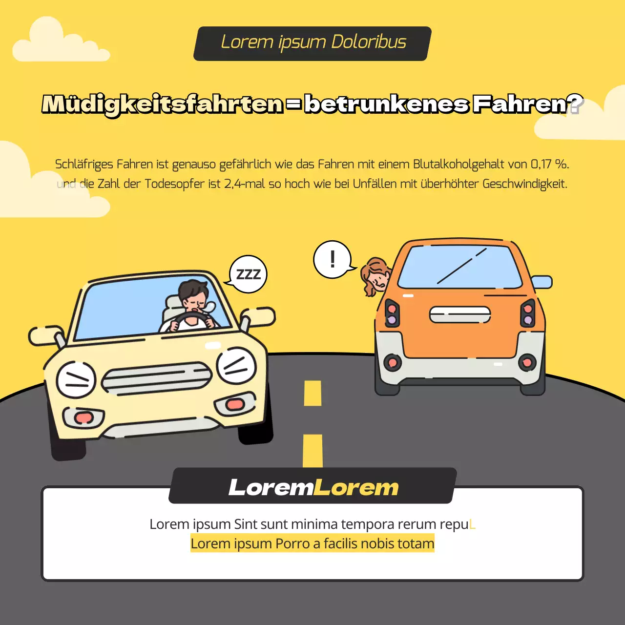 Drowsy Fahren in gelb und grau Illustration Konzept