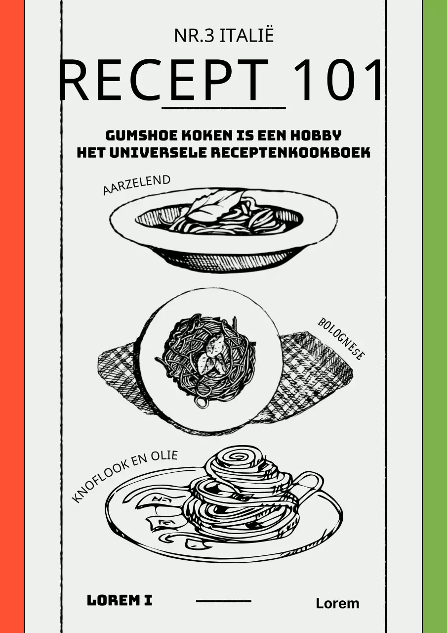 Lijntekening pastapunt receptenboek op witte achtergrond