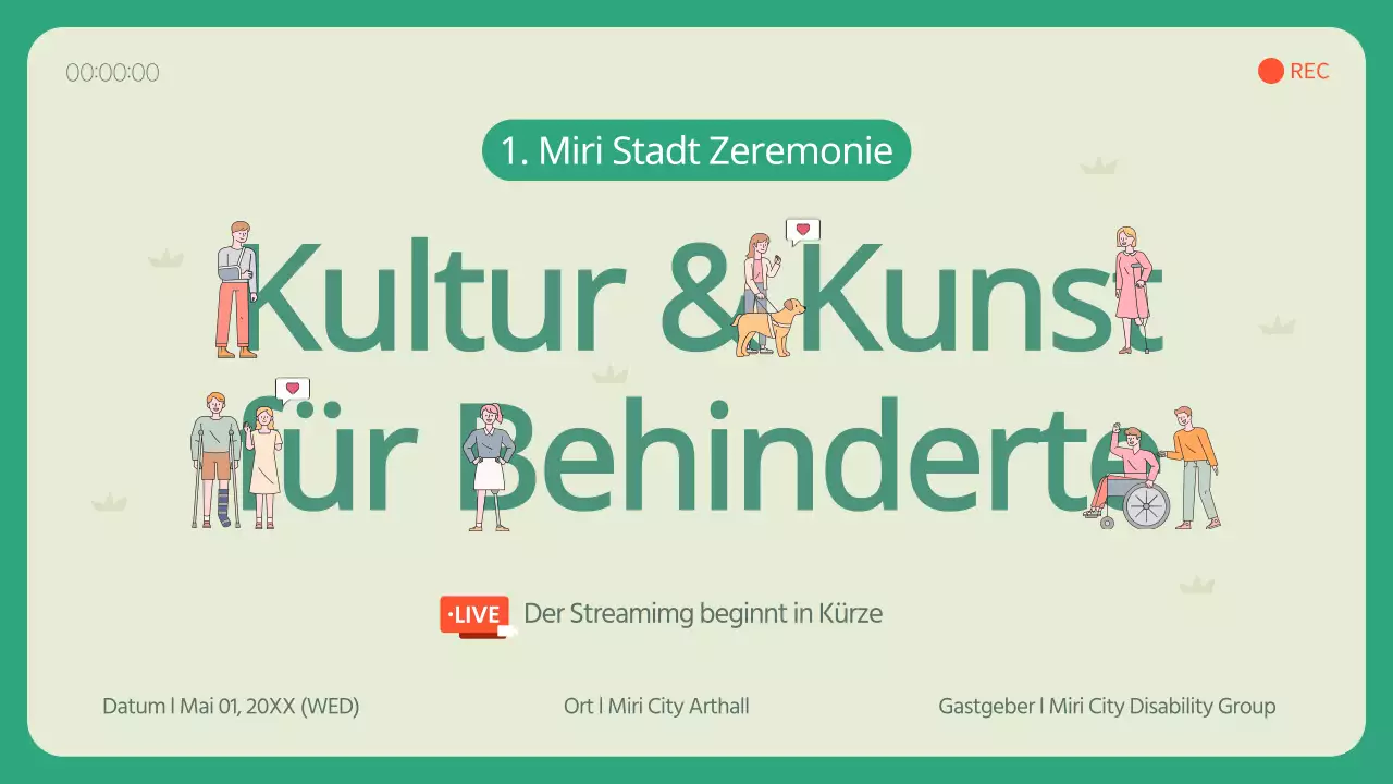 Streaming-Übertragung einer kulturellen Veranstaltung für Menschen mit Behinderungen mit einem illustrierten Konzept in Elfenbein und Grün.