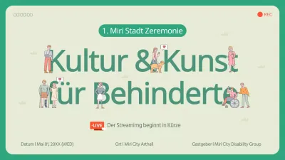 Streaming-Übertragung einer kulturellen Veranstaltung für Menschen mit Behinderungen mit einem illustrierten Konzept in Elfenbein und Grün.