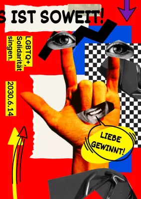 Pride-Feierlichkeiten, hervorgehoben durch eine Collage aus Papier und menschlichen Körpern auf einem bunten Hintergrund