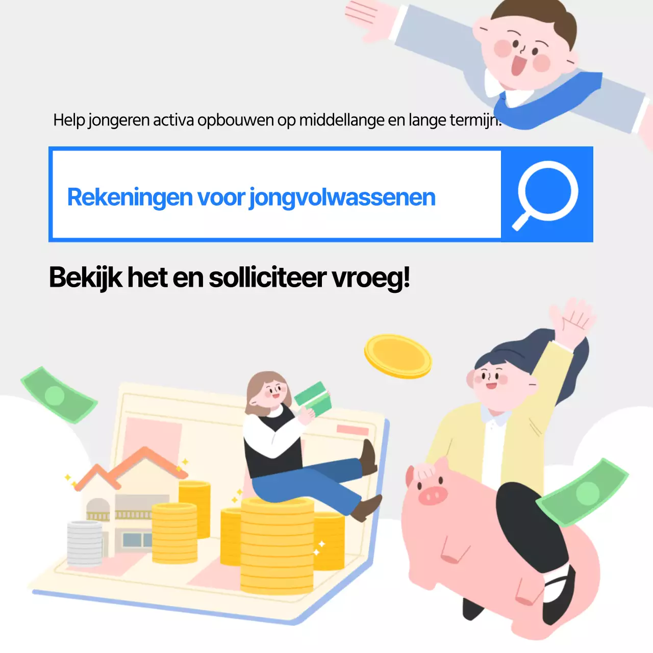 Blauw-wit geïllustreerd promotiemateriaal voor de jongerenversnellingsrekening