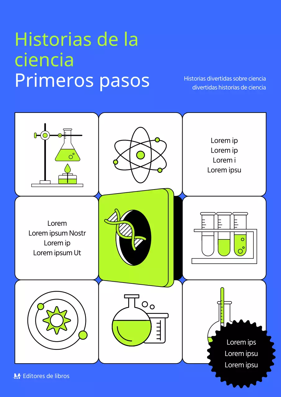 Un libro de ciencias limpio con herramientas de laboratorio azules resaltadas