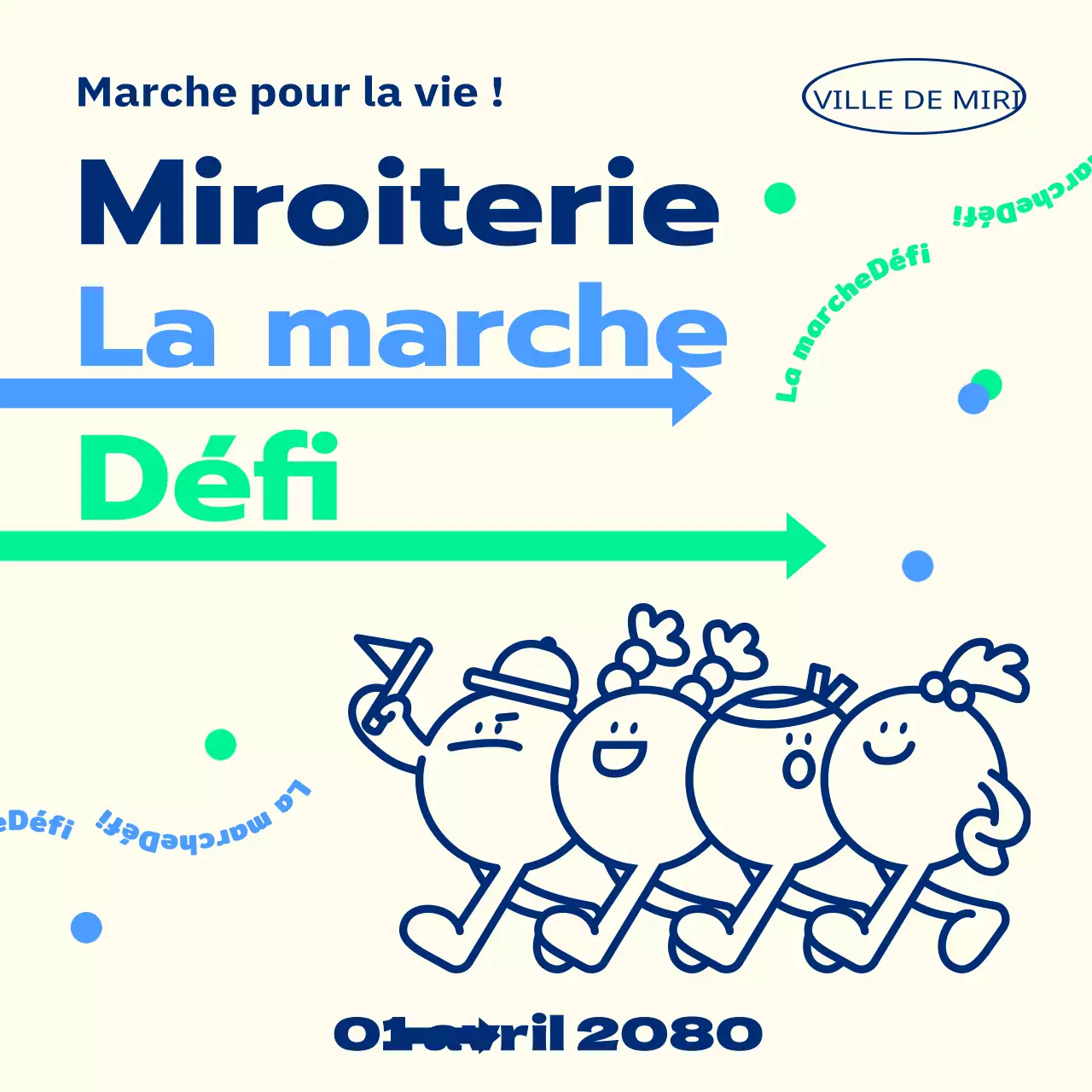 Promouvoir une marche de printemps avec des personnages bleus et verts et une ambiance mignonne