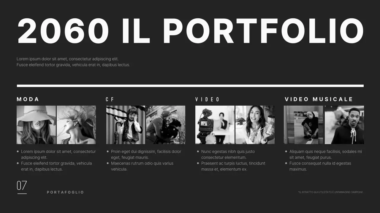 Profilo aziendale di un'agenzia di modelle pulito e moderno, in nero.