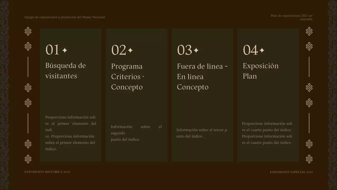 Plan del programa de exposiciones del museo de tono marrón para el primer semestre del año