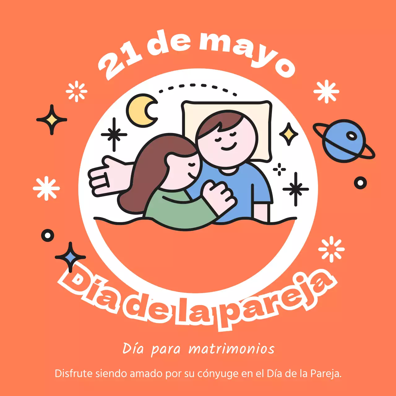 Una simpática ilustración en naranja y gris del día de una pareja