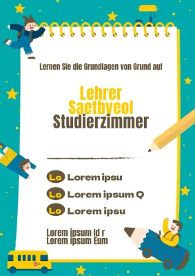 Werbung für eine Mathematikschule mit türkisfarbenen und gelben Sternen und niedlichen Kinderfiguren