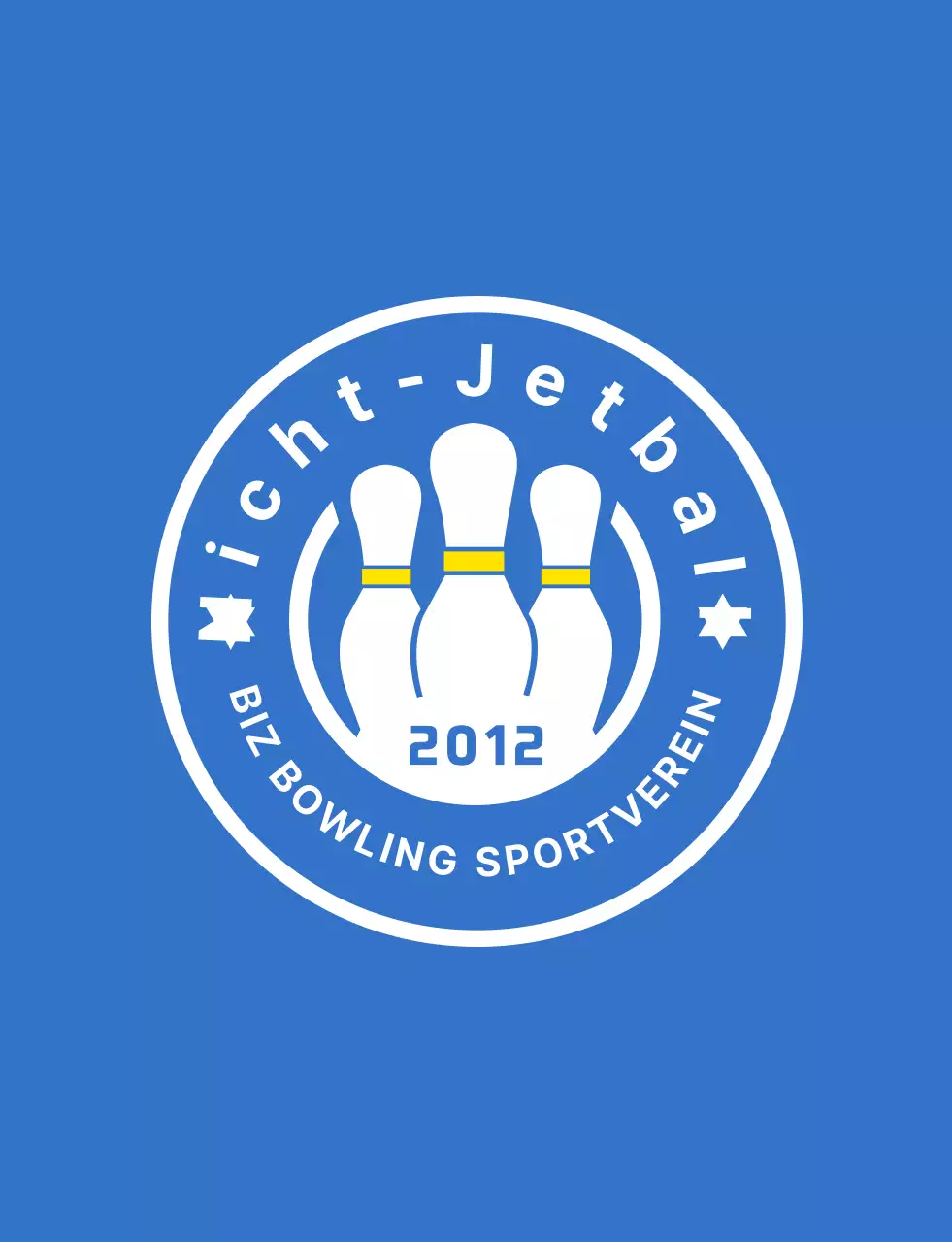 Eine saubere Bowling-Illustration und ein Emblem-Logo in Hellblau, Weiß und Gelb für einen Bowling-Sportverein.