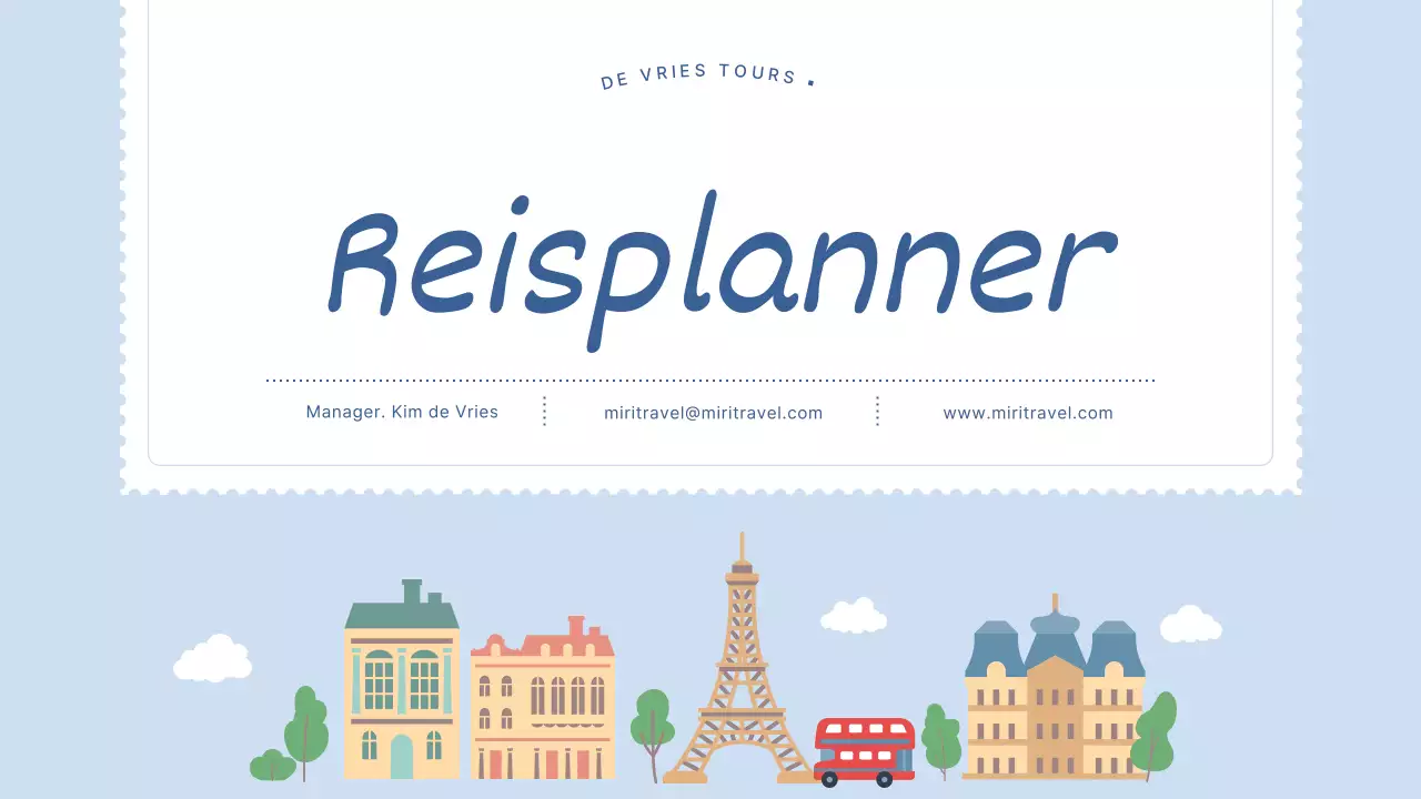 Reisbeschrijving met illustraties van Europese bestemmingen in lichtblauw