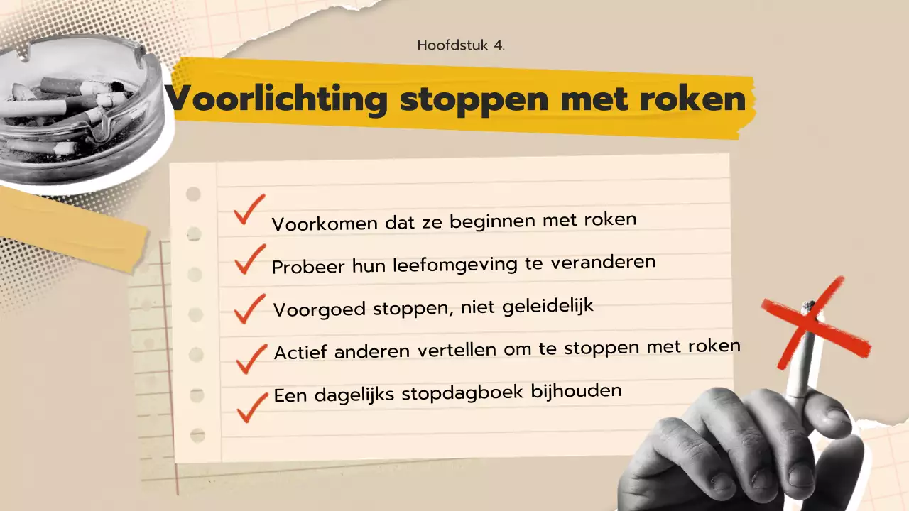 Voorlichtingsmateriaal over stoppen met roken voor jongeren met een beige pop-art collageconcept.